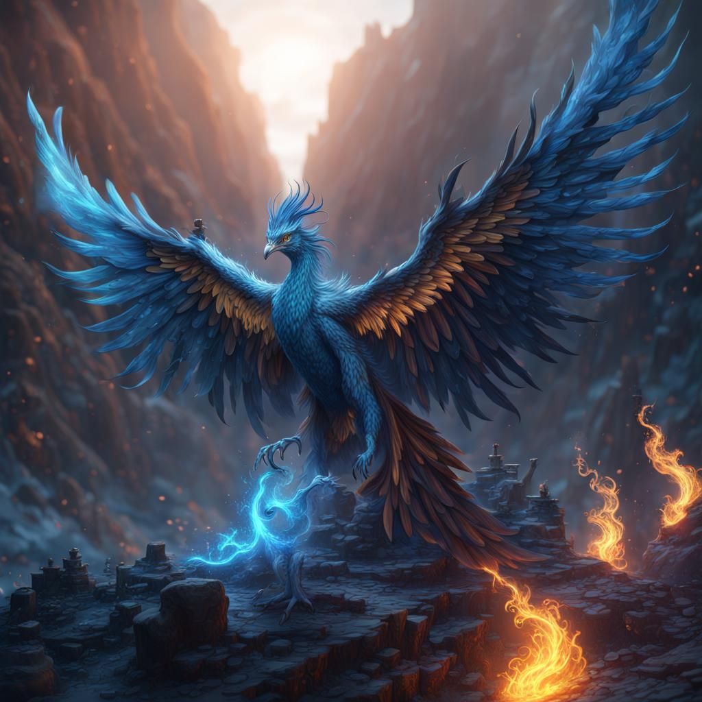 Mystical Blue Phoenix Blazes with Radiant Fire