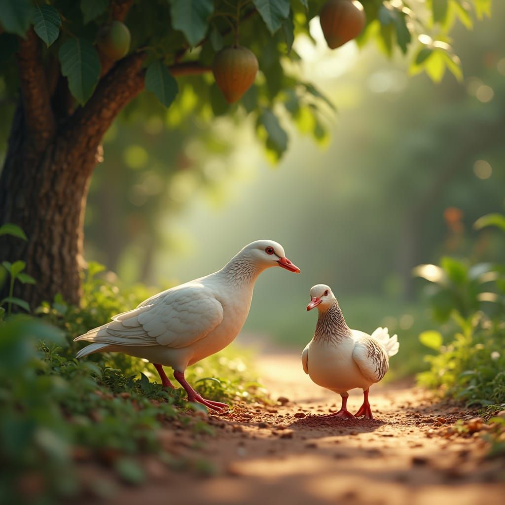Duck Saves Pigeon in Serene Village Path