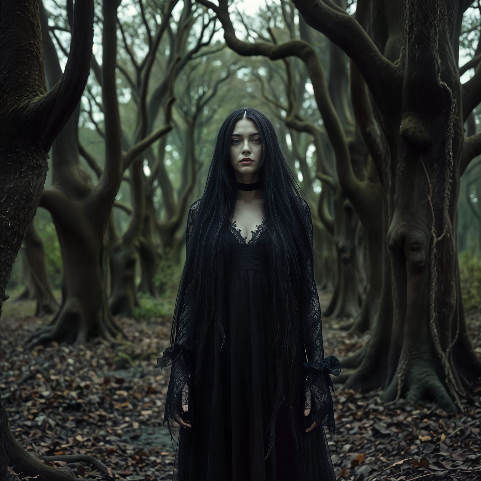 Gothic Woman in Enchanted Grove: Dark Romanticism