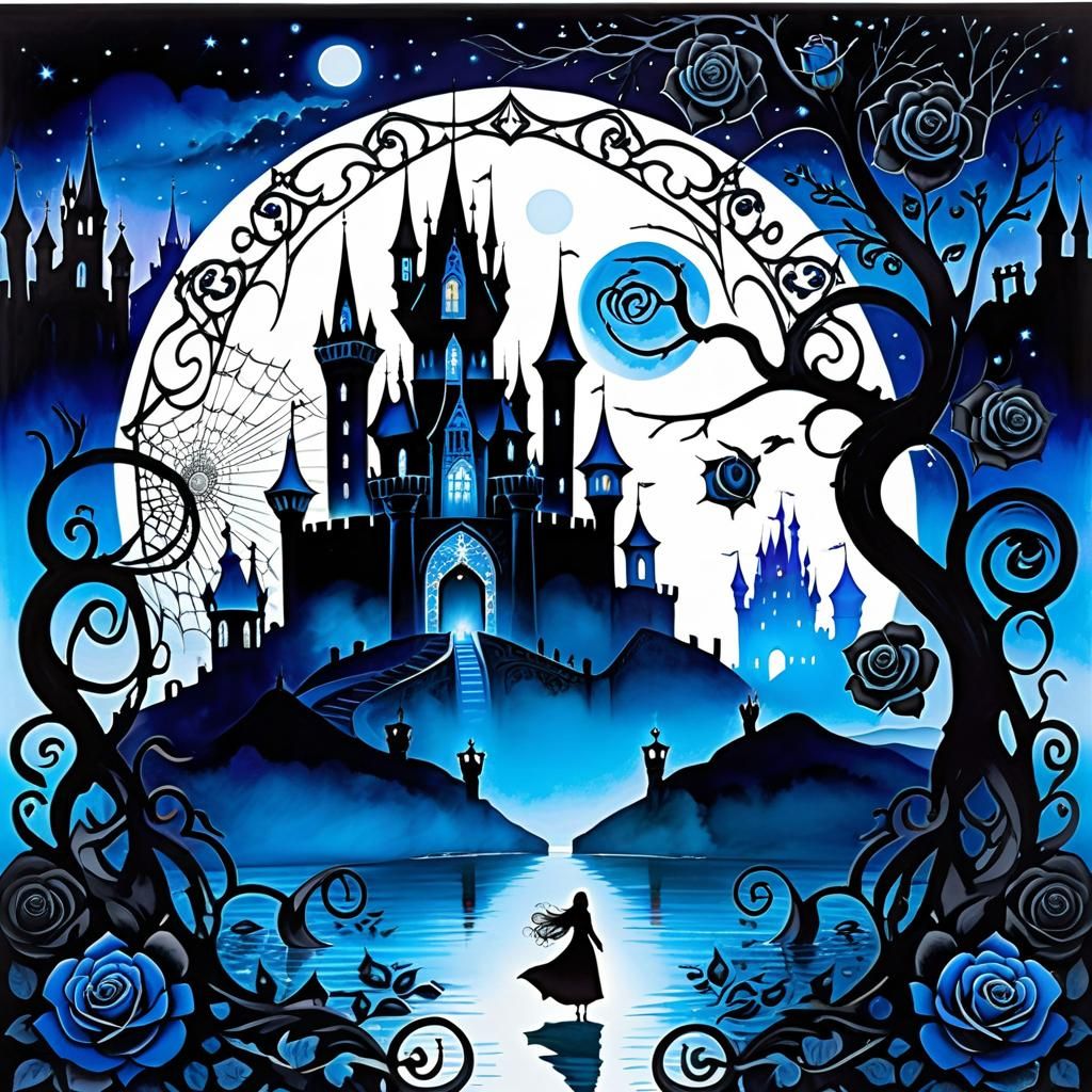 Whimsical Blue-Covered Castle in a Moonlit Glade