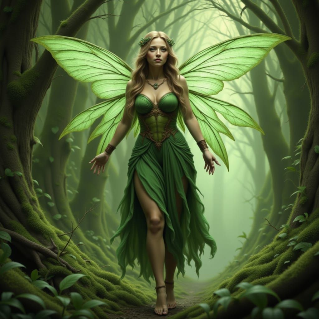 Forest Fairy Woman with Green Wings Glowing