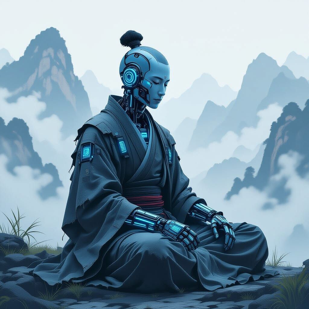 Cyborg Monk Meditating in Neon Noir Style
