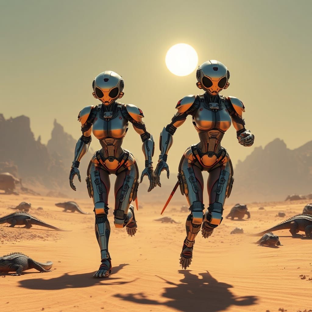 Android Runners in Dieselpunk Desert Landscape