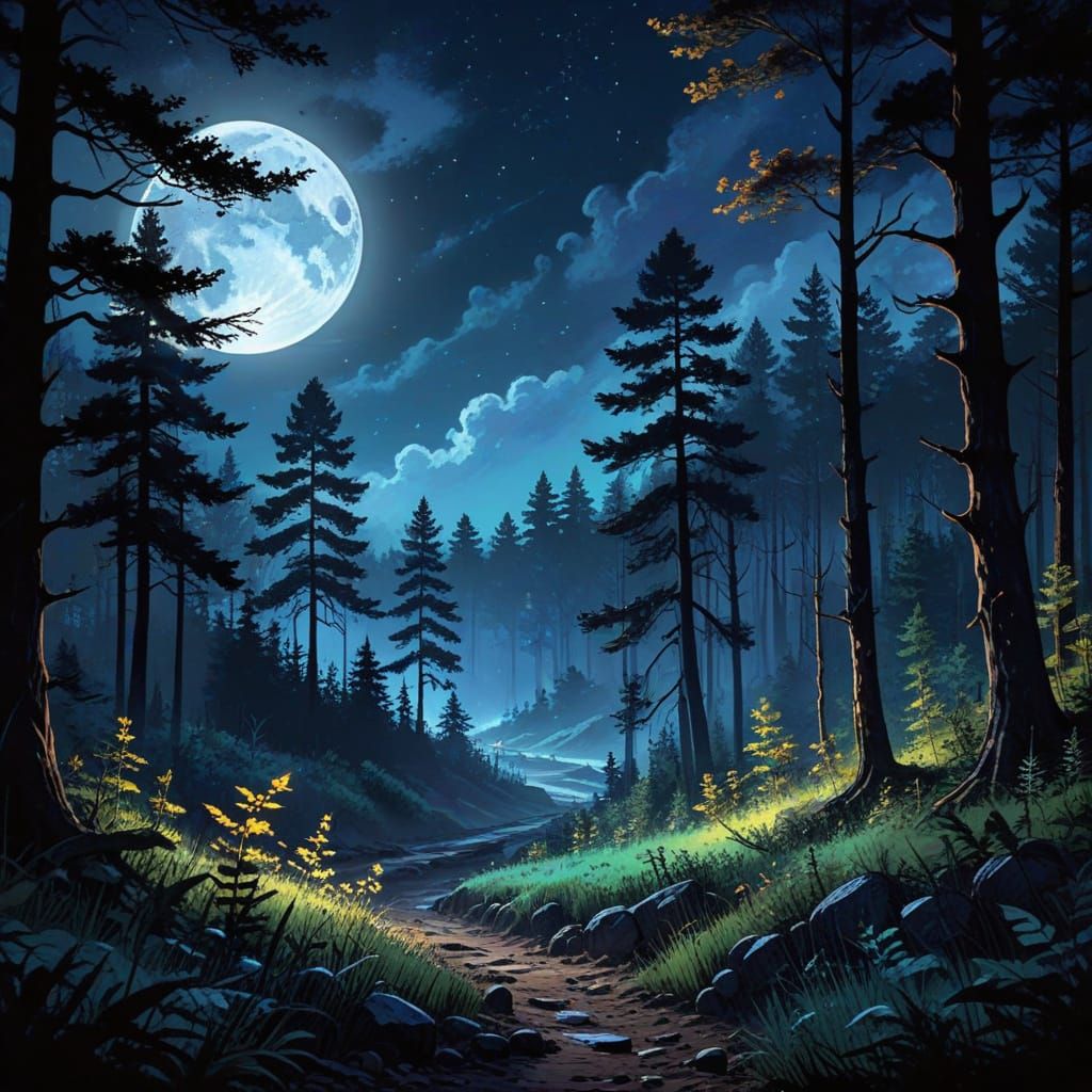 Moonlit Woods in Vibrant Watercolor