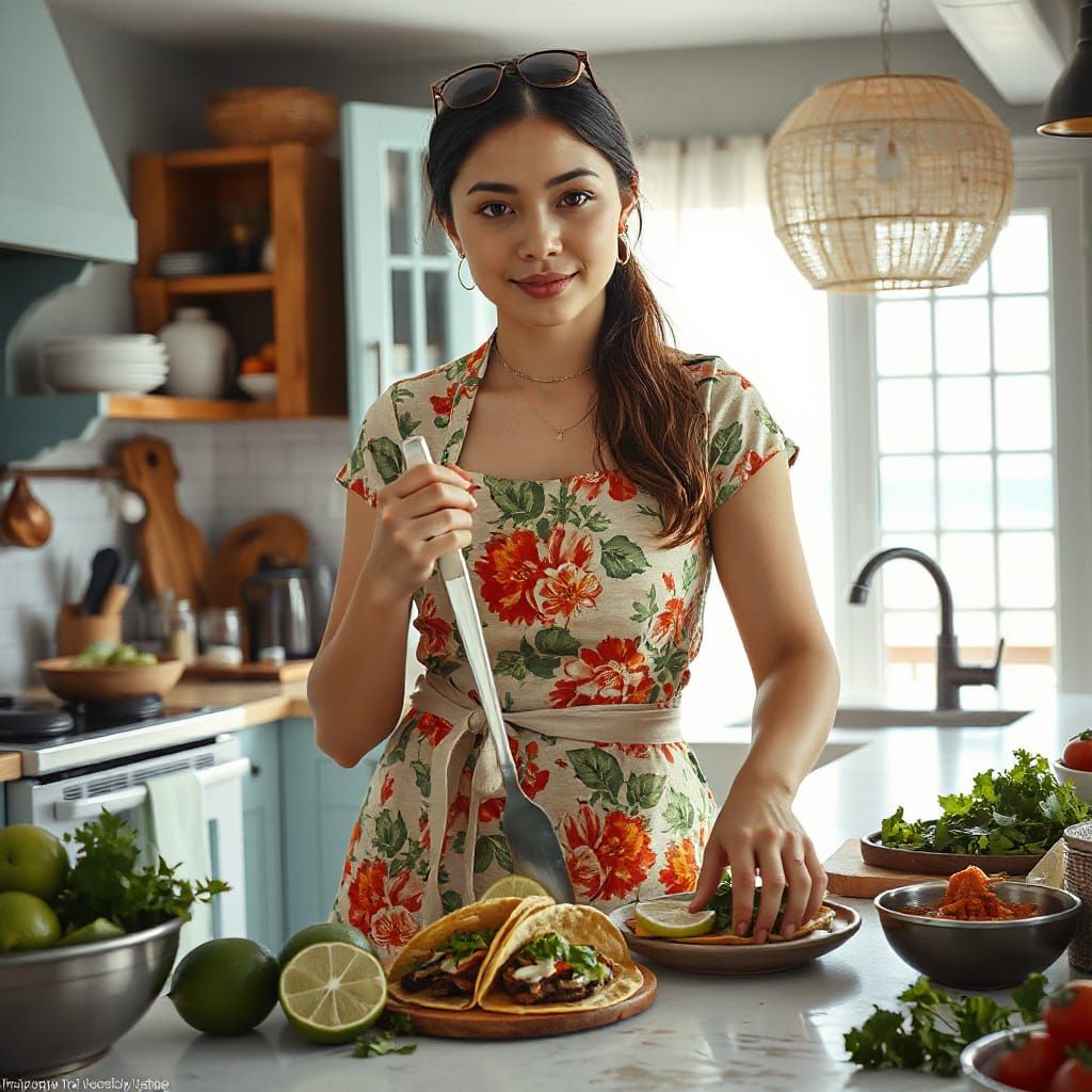 Tradwife Prepares Fish Tacos: Hyperrealistic Splash Art