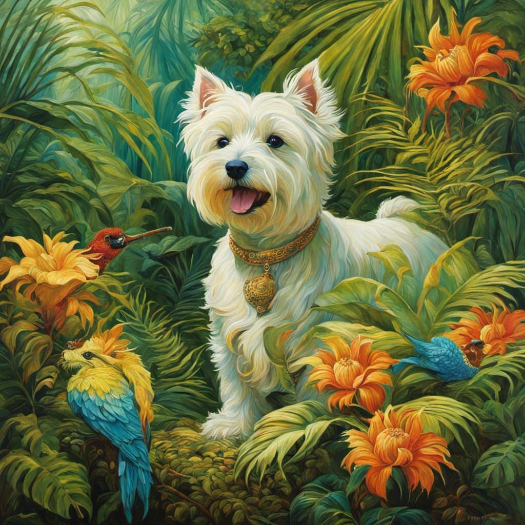Surreal Tropical Westie in Greek Filigree Style