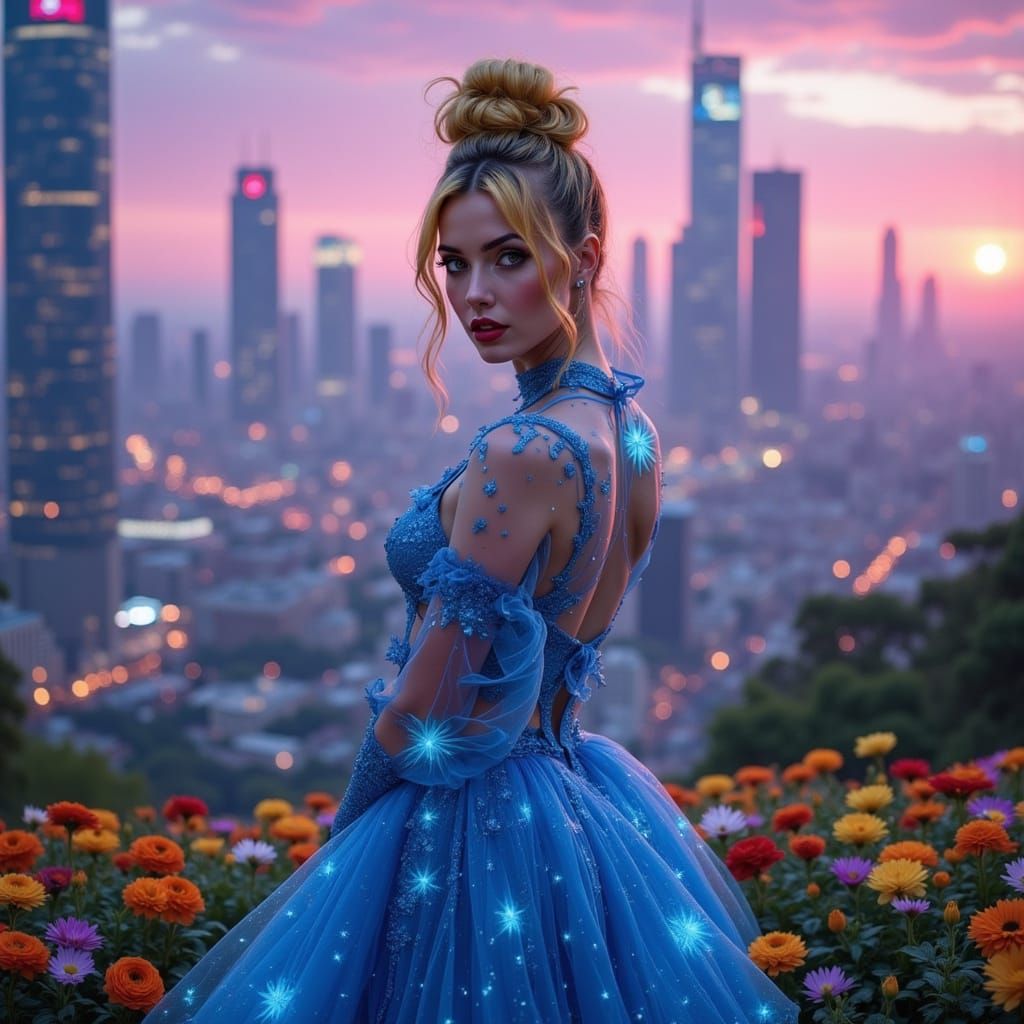 Futuristic Woman in Blue Gown, Photorealistic Style