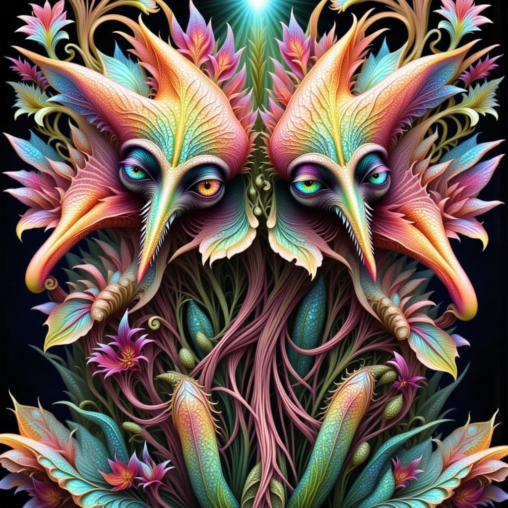 Surreal Flower Hybrids with Faces as Opalescent Sculpture