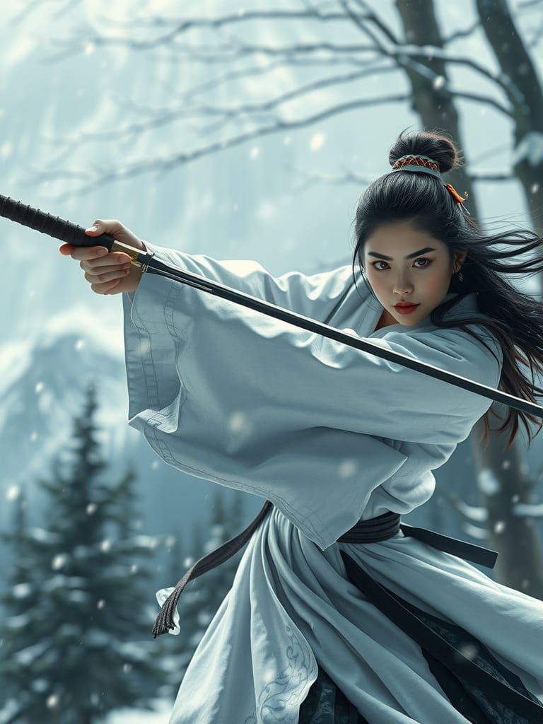 Fierce Japanese Warrior Woman in Snowy Forest, Hyperrealisti...