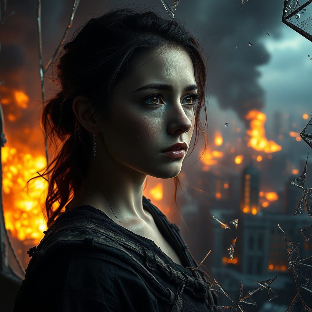 Young Woman Contemplates City in Flames Amidst Devastation