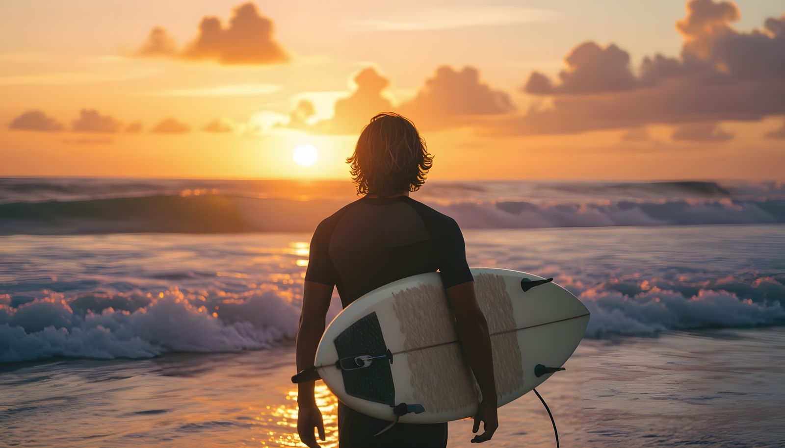 Surfer Walks to Ocean at Sunset, Cinematic Film Still
