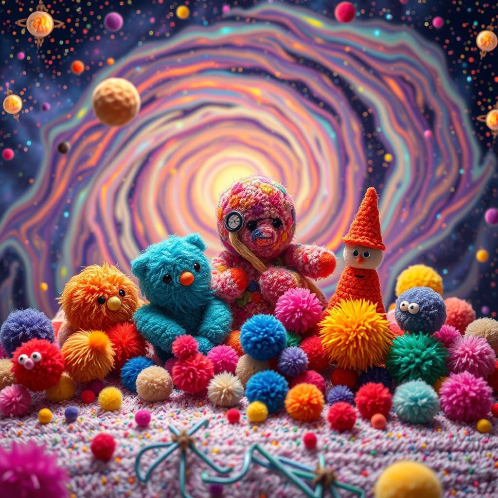 Dreamlike Pom Pom Characters in Cosmic Setting