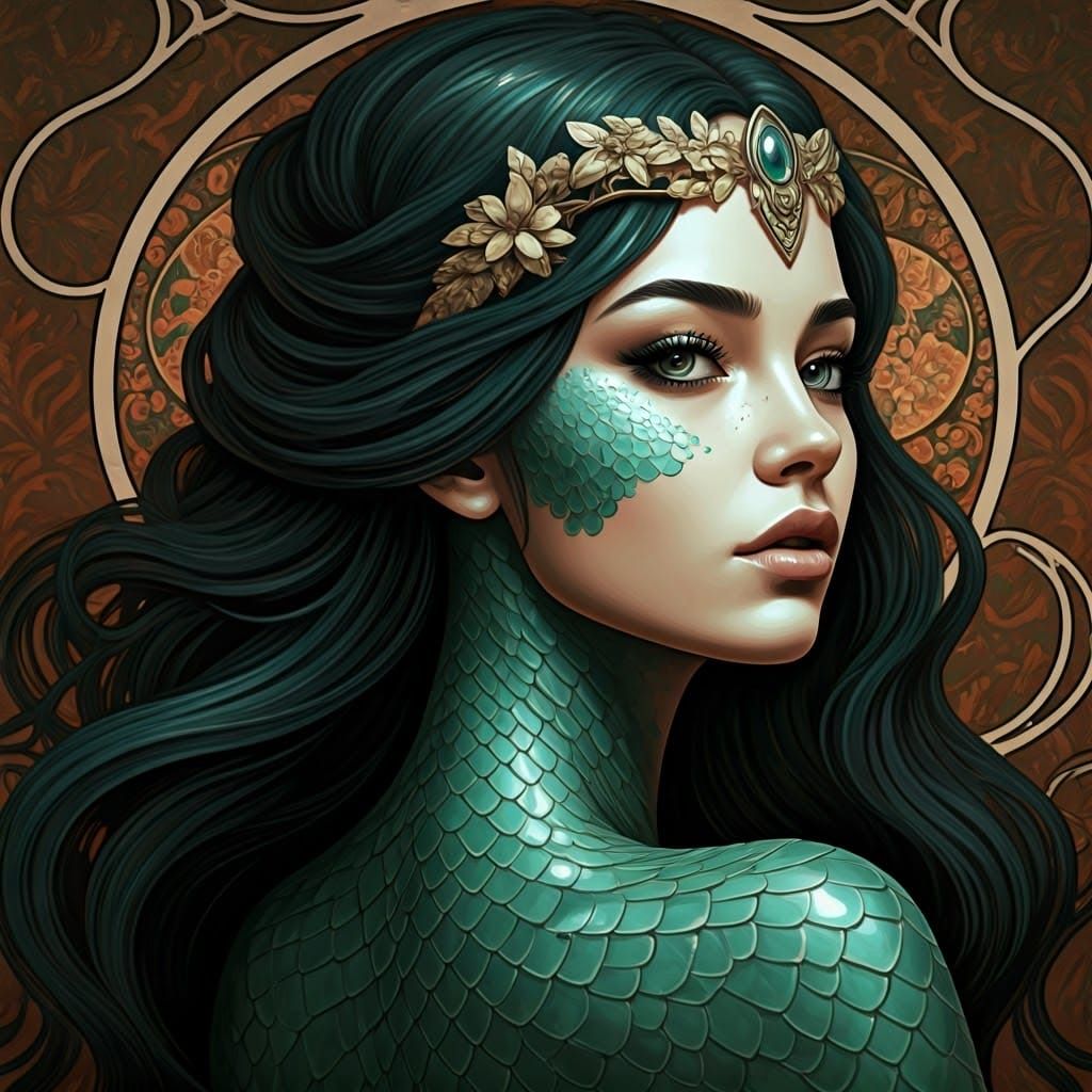 Sensual Snake Woman with Blurred Boundaries between Serpent...