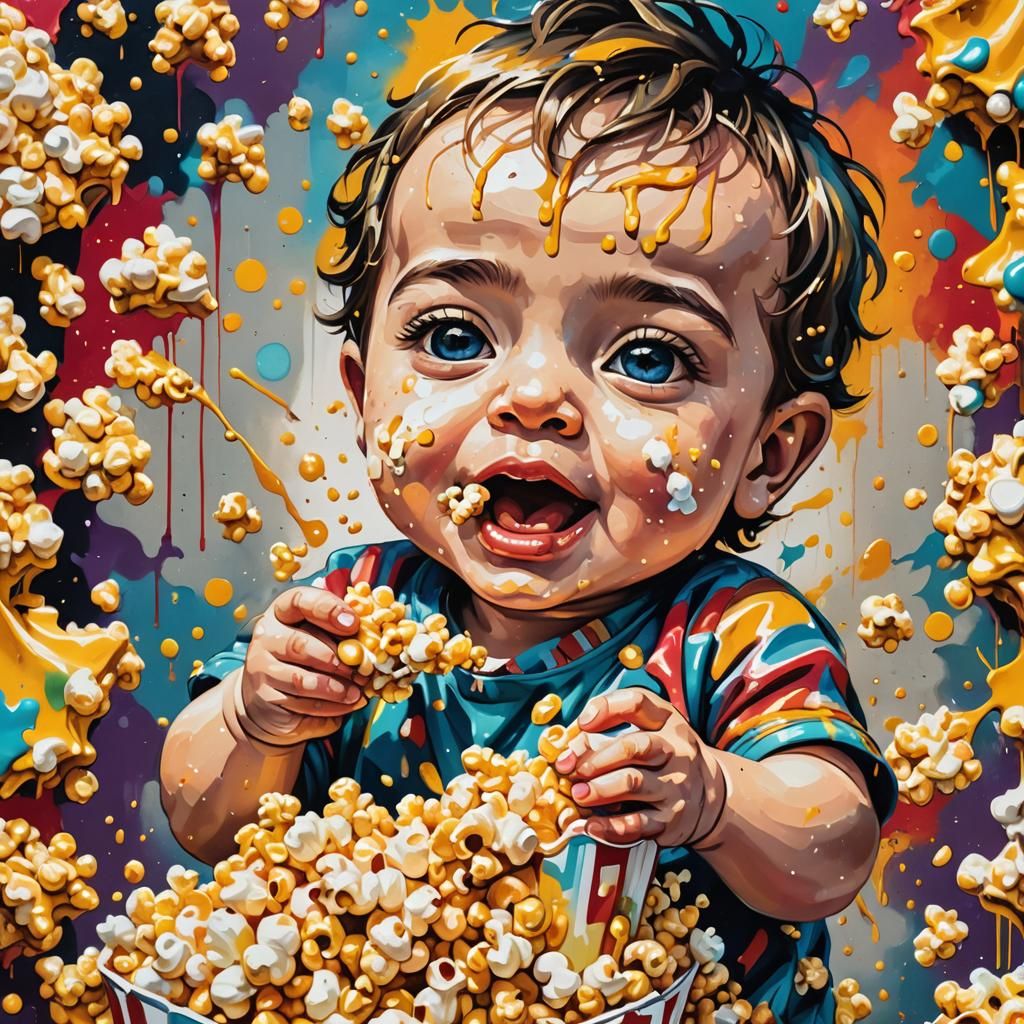 Dynamic Street Art Baby Devours Popcorn