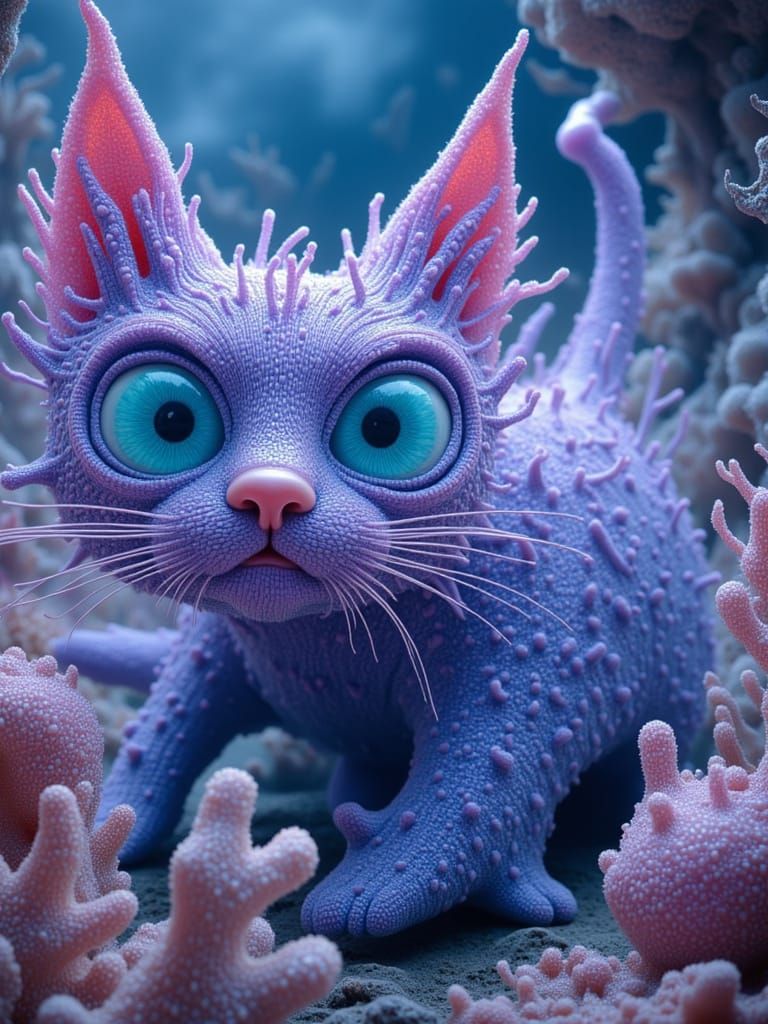 Lavender Cat Swimming Amidst Coral Reefs