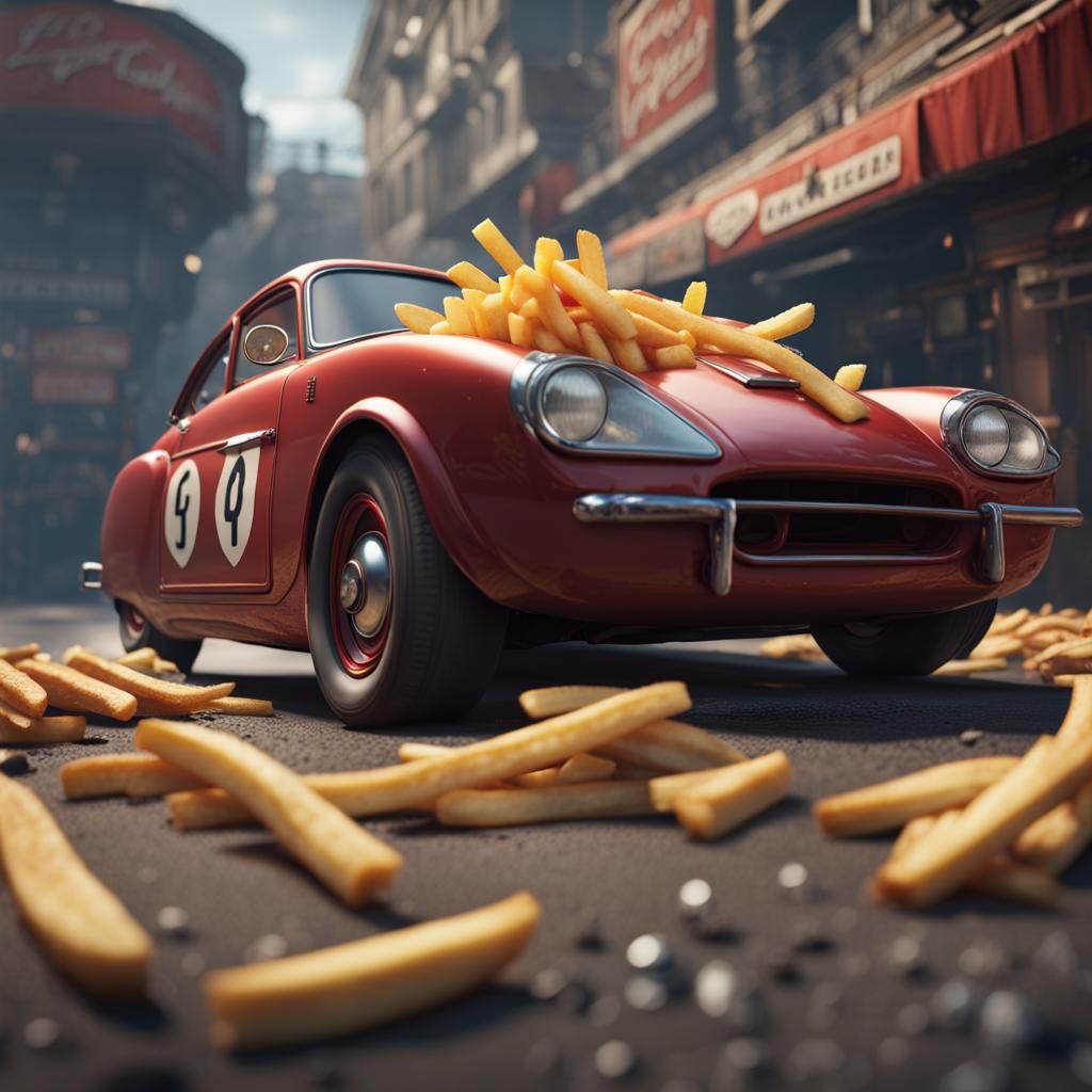 French fries shooting out of race cars tail pipes