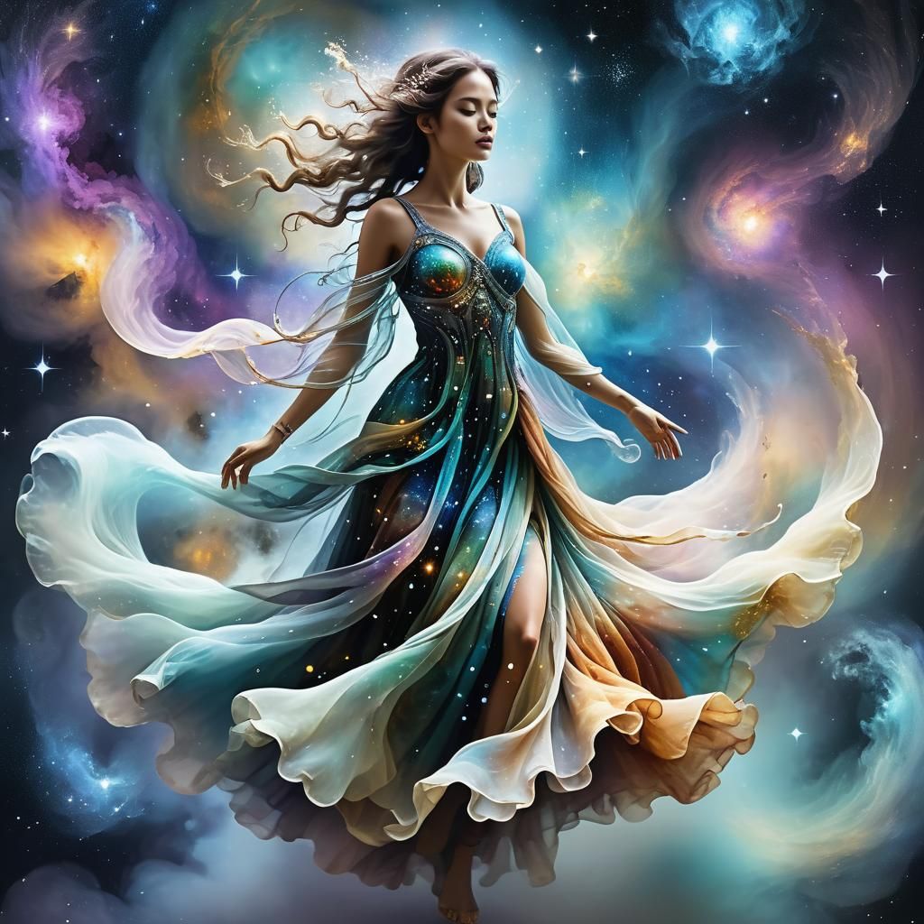 Celestial Goddess in Ethereal Nebulan Dress