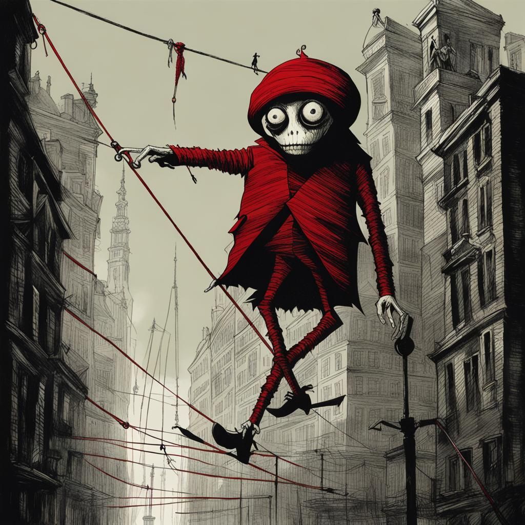 Dark City Tightrope Walker in a Haunting Urban Landscape