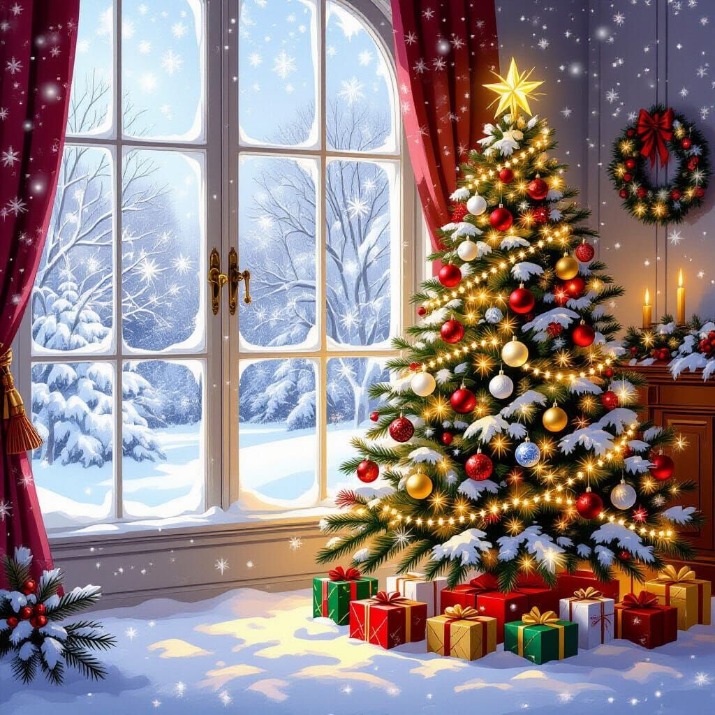 Cozy Christmas Tree Digital Painting with Snowfall