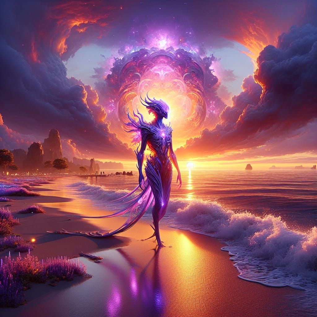 Surreal Alien Beach Scene in Photorealistic Style