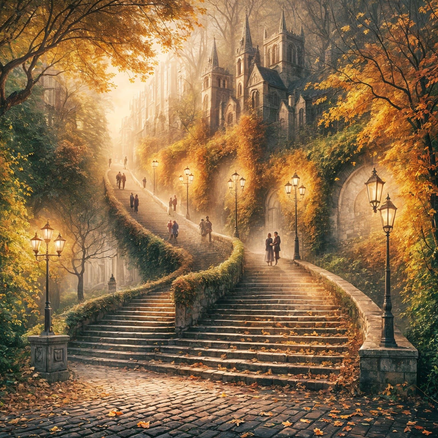 Autumn Cobblestone Stairs to Ivy Gothic Castle