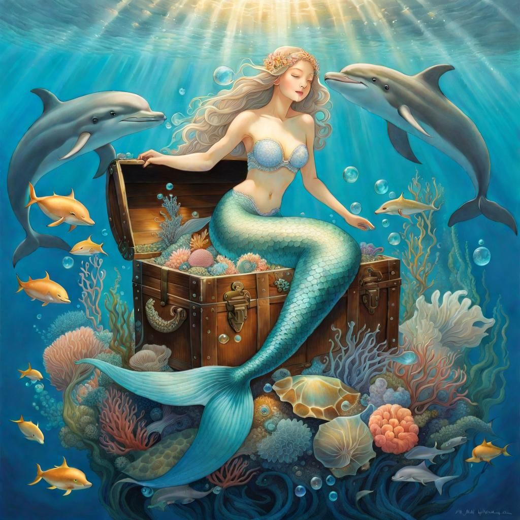 Mermaid Sits Serene on Treasure Chest Overflowing with Ocean...