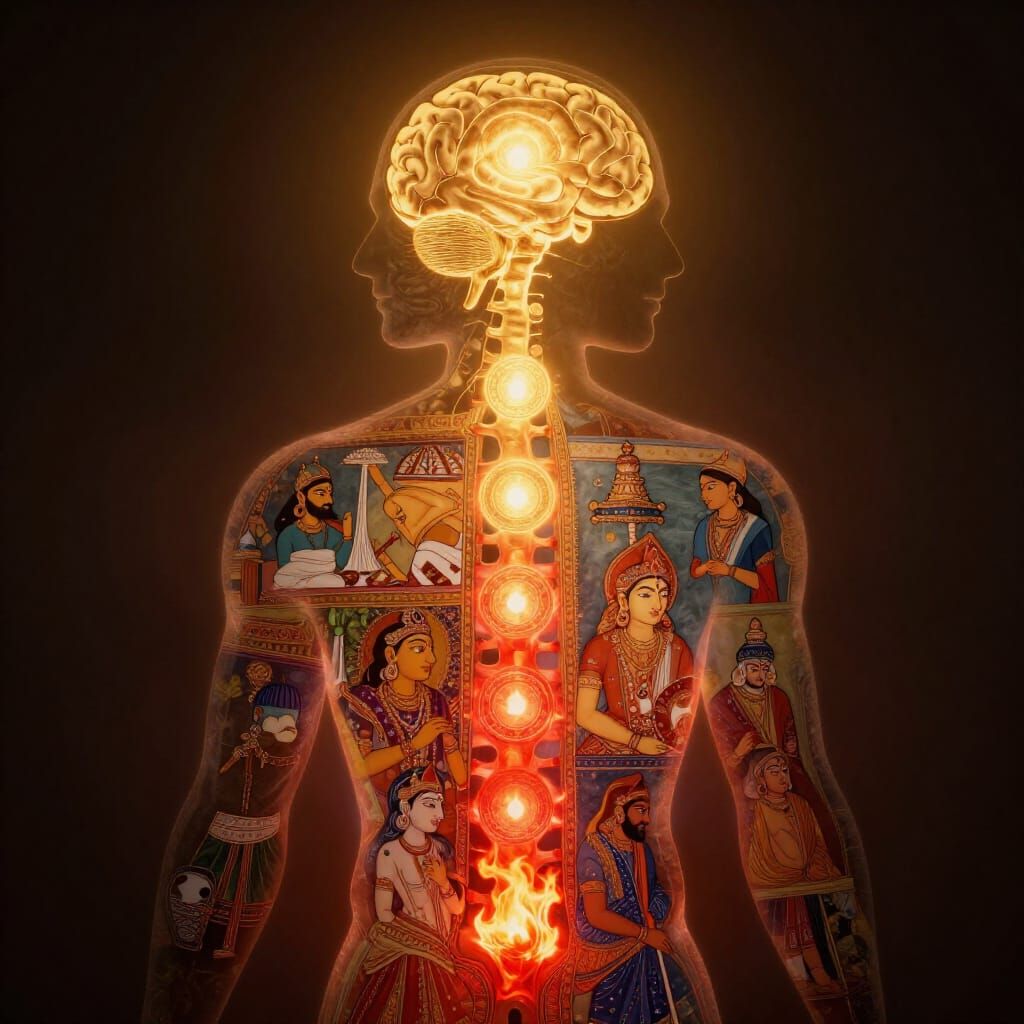 Human Silhouette with Glowing Chakras and Kurukshetra Scene