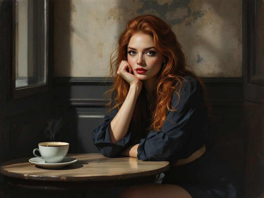 Realistic Portrait of a Fashionable Woman in a Café