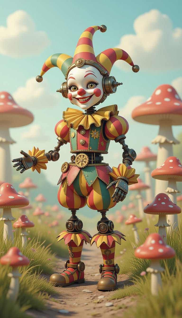Clockwork Jester Among Fantastical Mushrooms