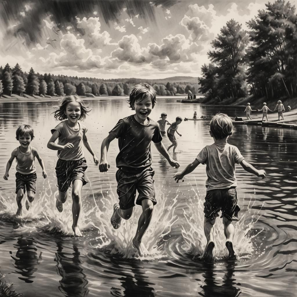 Children at Play by a Serene Lake in a Summer Cinematic Scen...