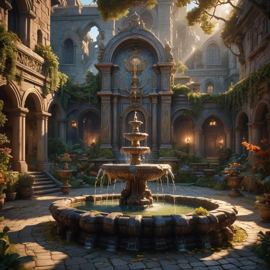 Fantastical Court Yard Fountain Unveils Sunrise Splendor