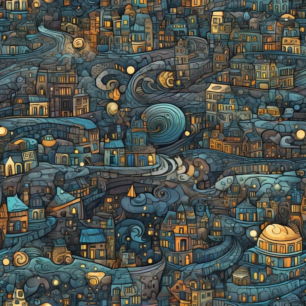 Vibrant Fractal Cityscape with Whimsical Doodle Art Building...