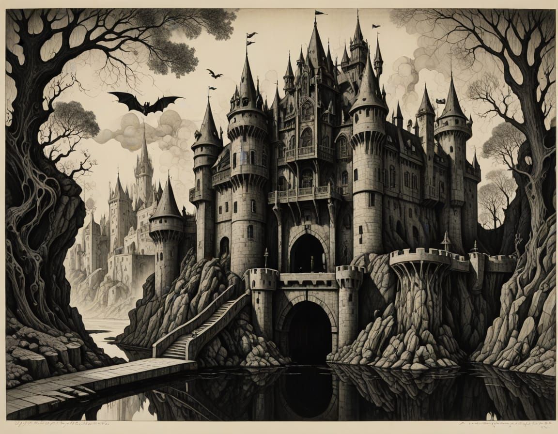 Dreamlike Castle Landscape in Ink and Paper