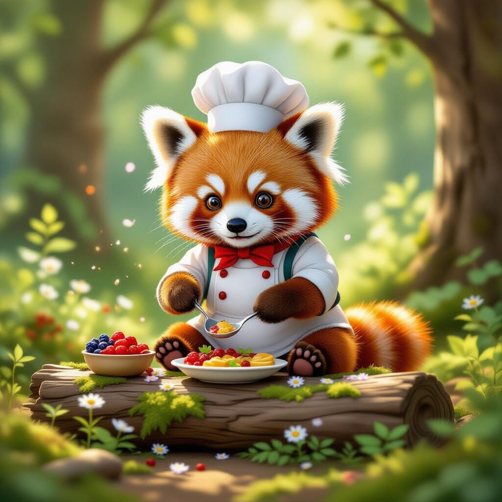 Red Panda Chef Prepares Miniature Feast in Forest Clearing