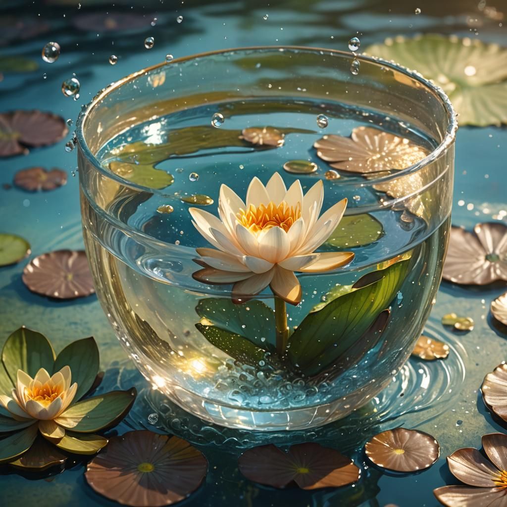 Glass Cup Fantasy Water Lily Scene in Trendy Artstation Styl...