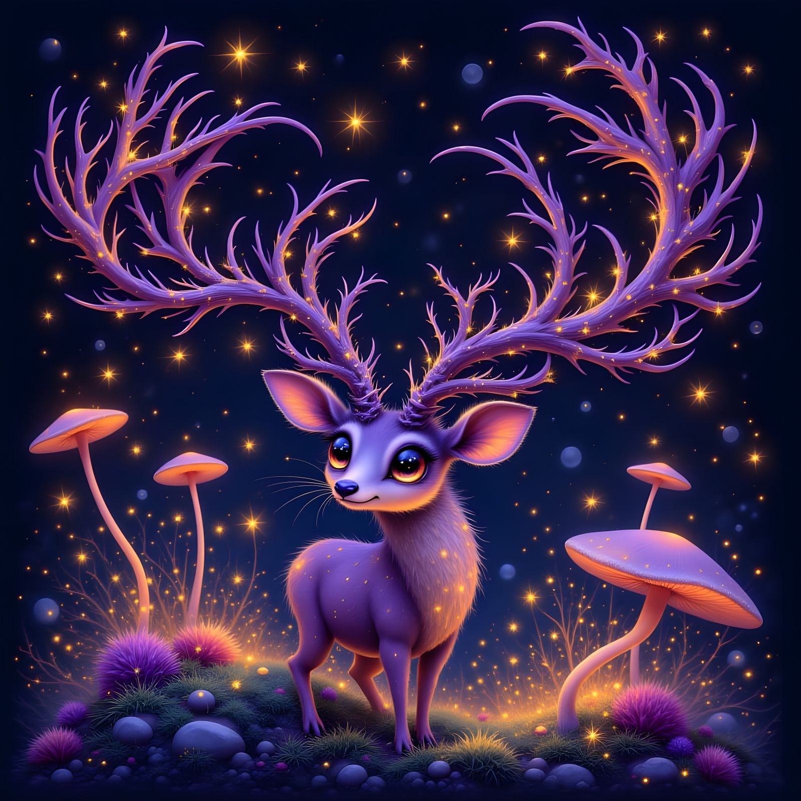 Graceful Deer with Spiny Antlers and Mushrooms