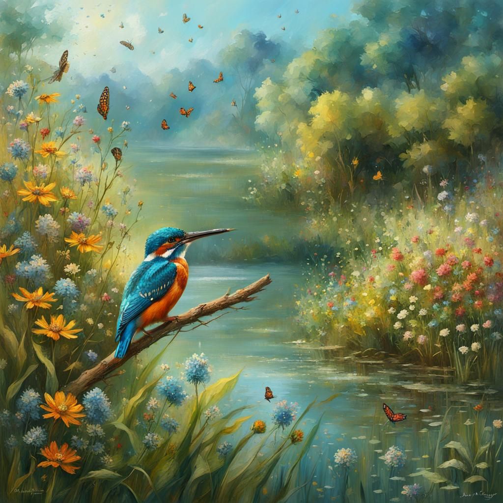 Ethereal Kingfisher in Vibrant Morning Bloom