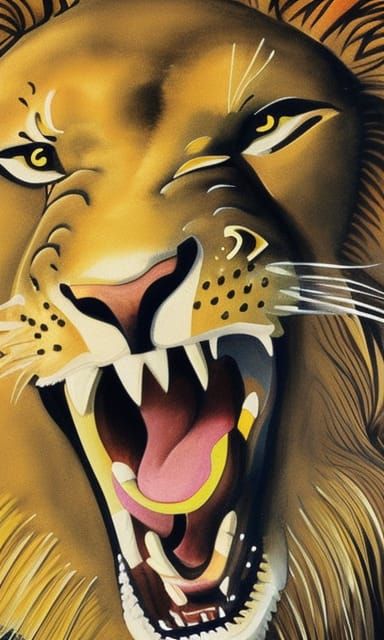 Lion in Aggressive Posture, Gouache Painting