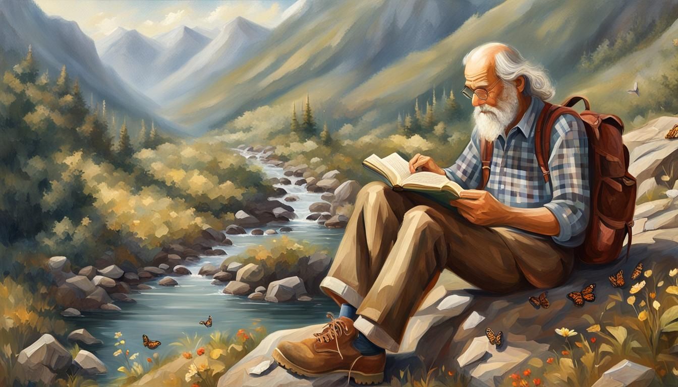 Elderly Gentleman Reads Book in Serene Mountain Landscape