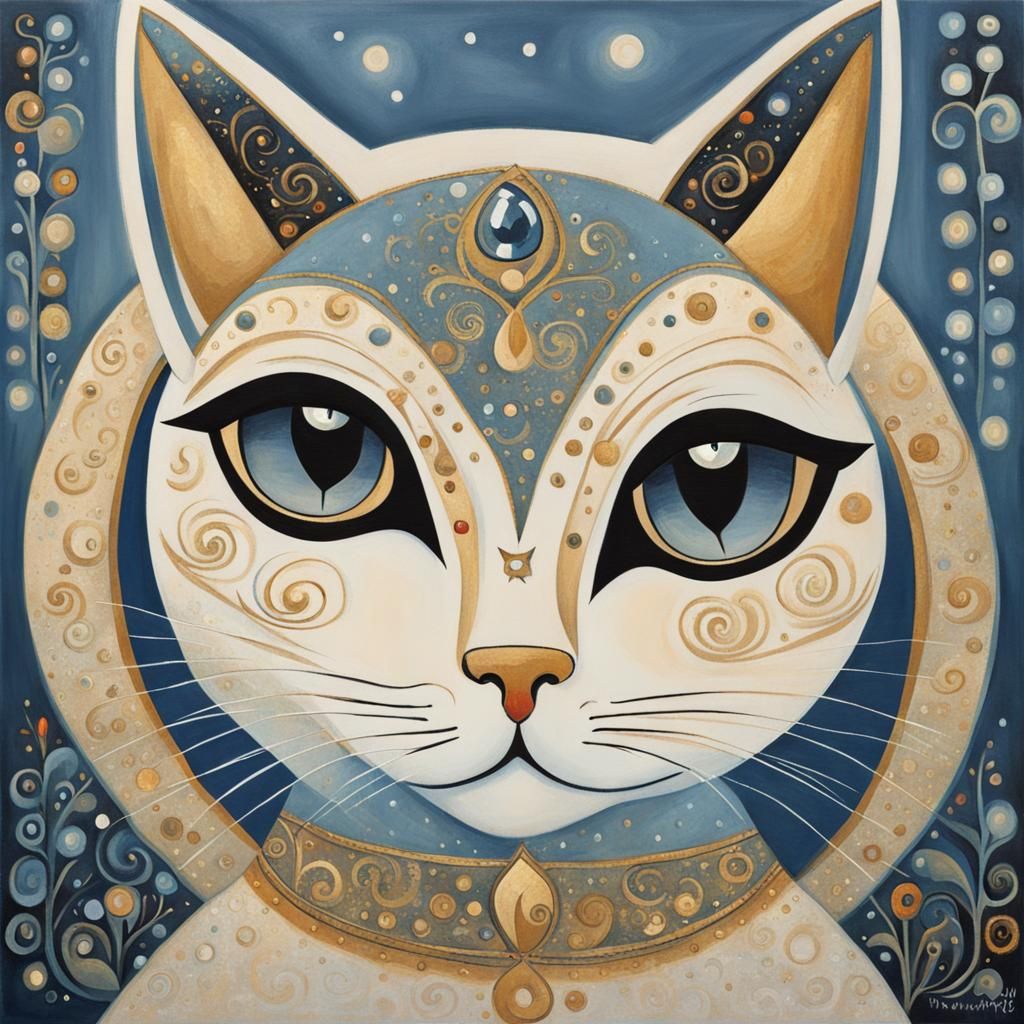 beautiful Rosina Wachtmeister art style cat with golden deta...