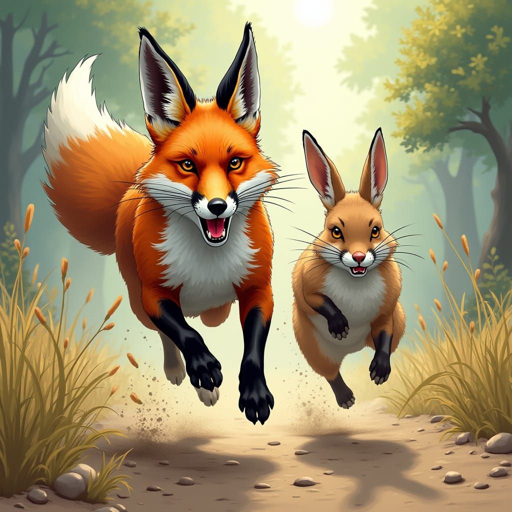 Fox and Rabbit Race in Comic Book Art Style