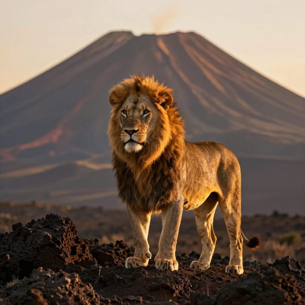 Majestic Lion on Volcano Edge in Golden Sunset Light
