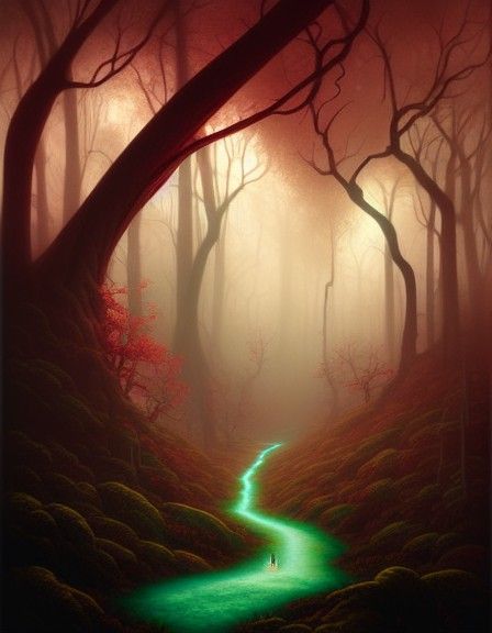 Steampunk Fantasy Landscape with Red Road and Lush Green For...