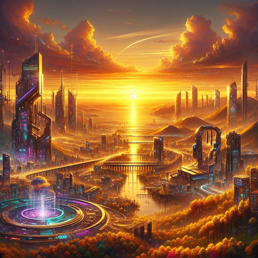 Cyberpunk Oasis in Golden Hour