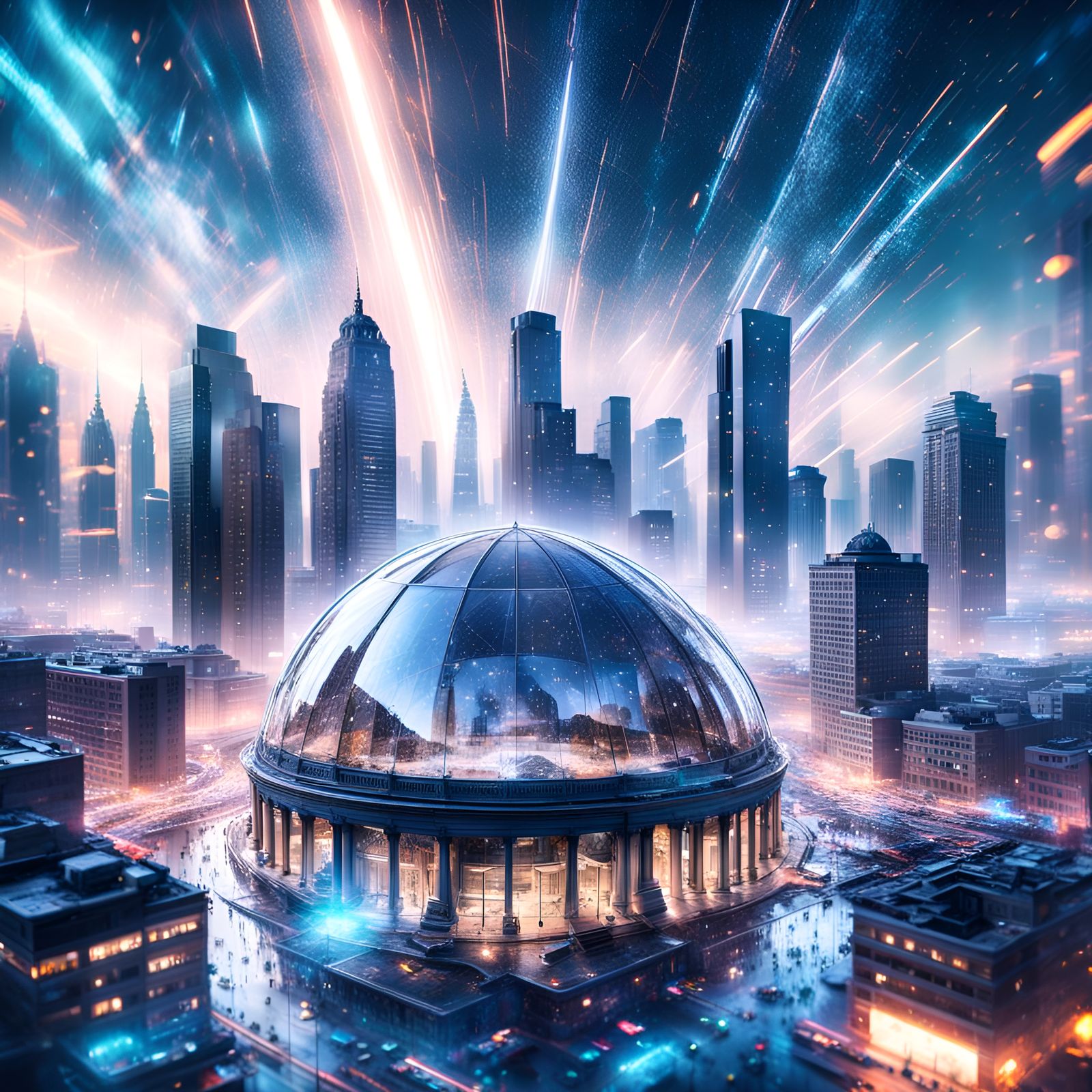 Surreal Futuristic City Under Celestial Dome at Sunset