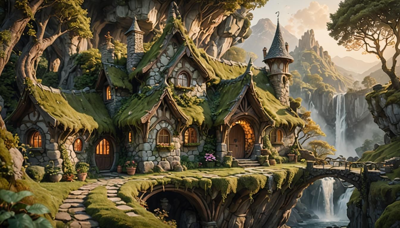 Whimsical Elven Cottage Amidst Mystical Waterfall Landscape