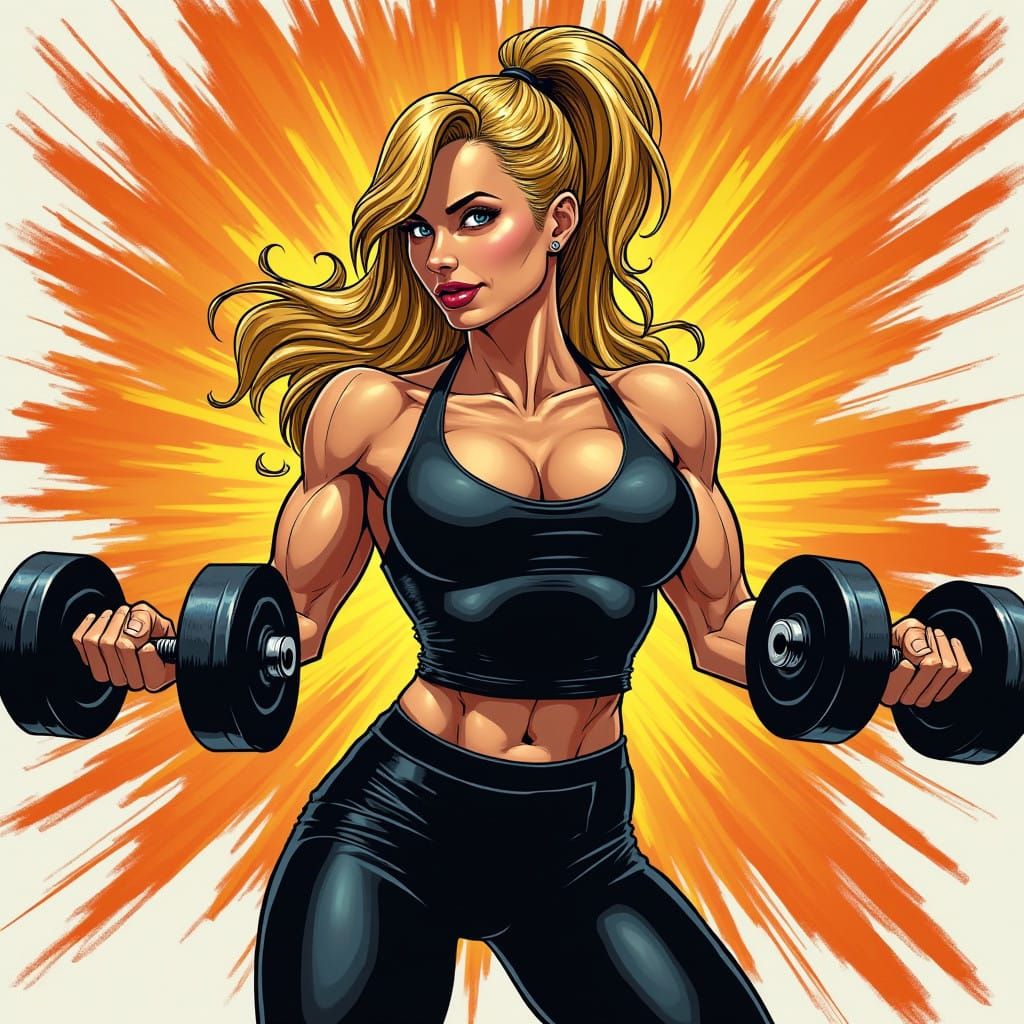 Female Bodybuilder in Comic Book Style with Golden Hair