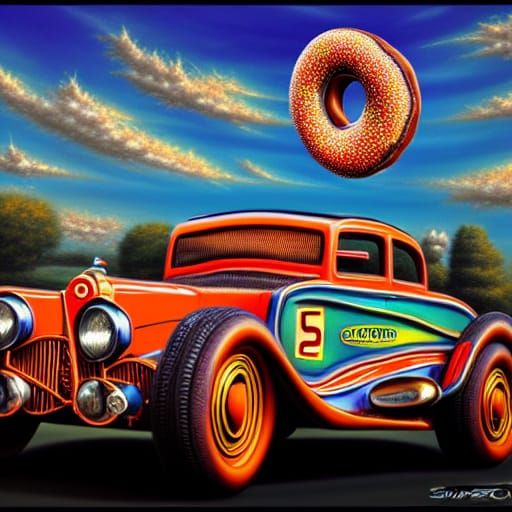 Vibrant Airbrush Art of Speedy Donut Car in Cyberpunk Aesthe...