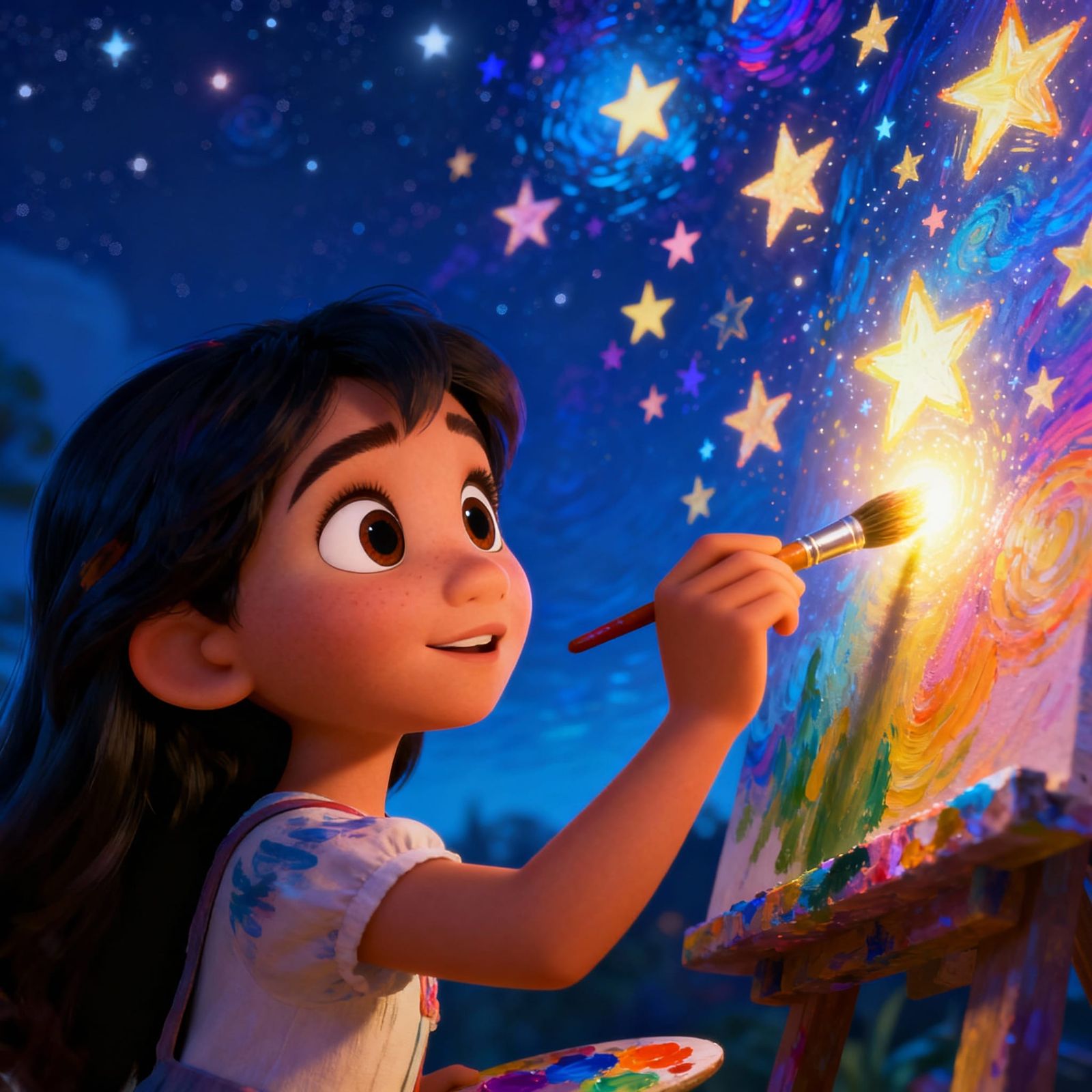 Young Girl Paints Stars in Disney Pixar Style