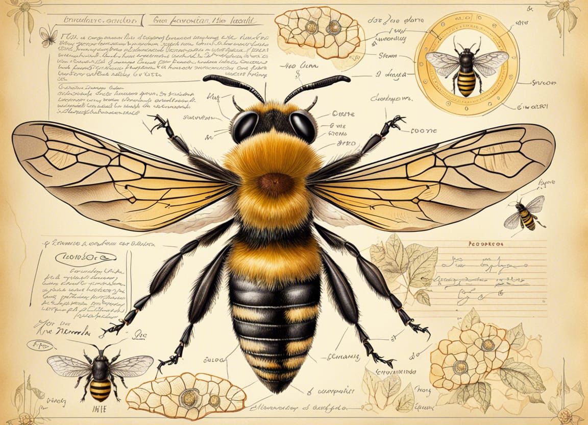 Vibrant Bee Study in a Notebook, Illustrated with Intricate...